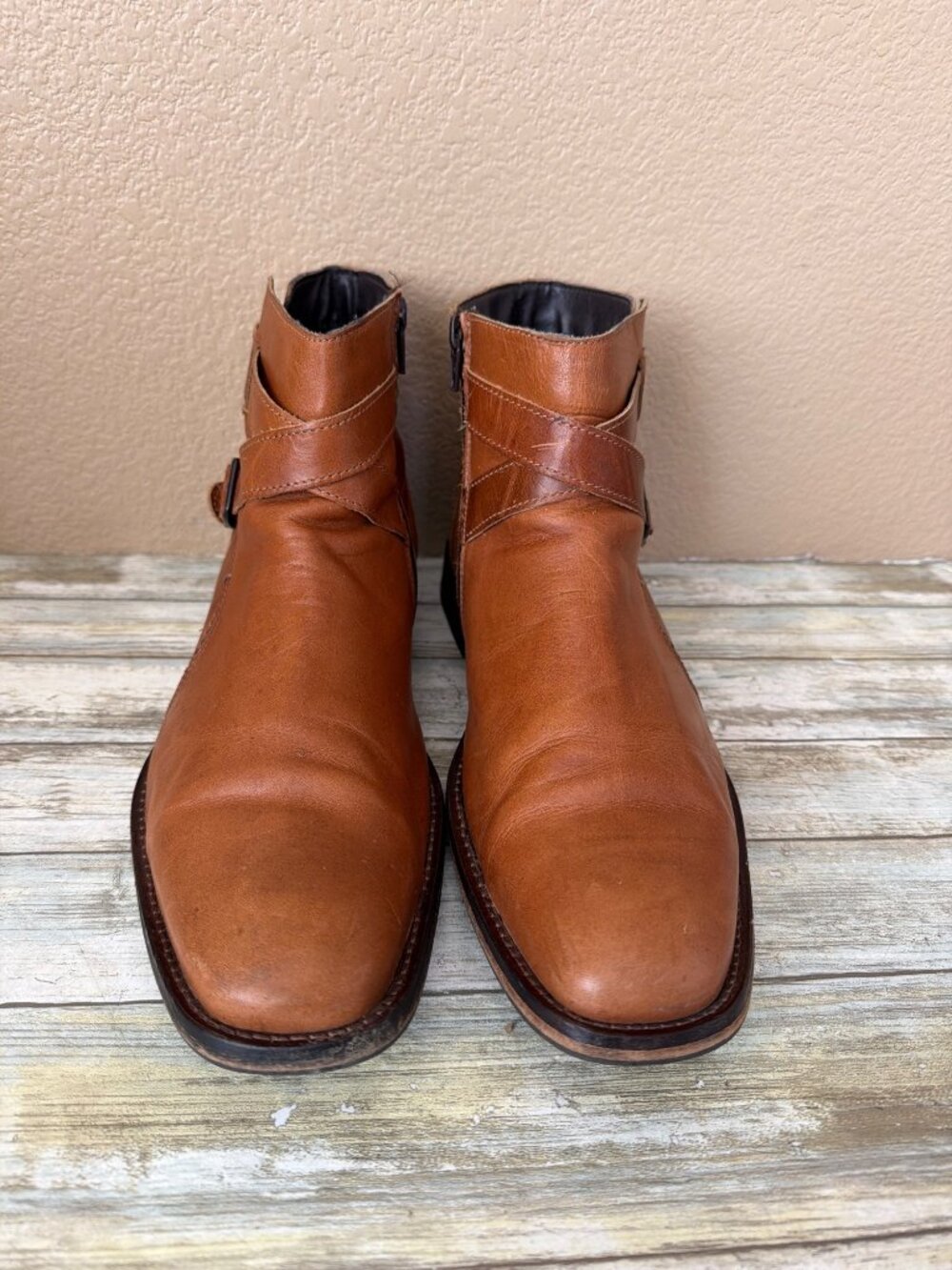 ALDO Men’s Brown Leather Ankle Boots Sz 12 Harness Buckle Zip Pre-owned Portugal